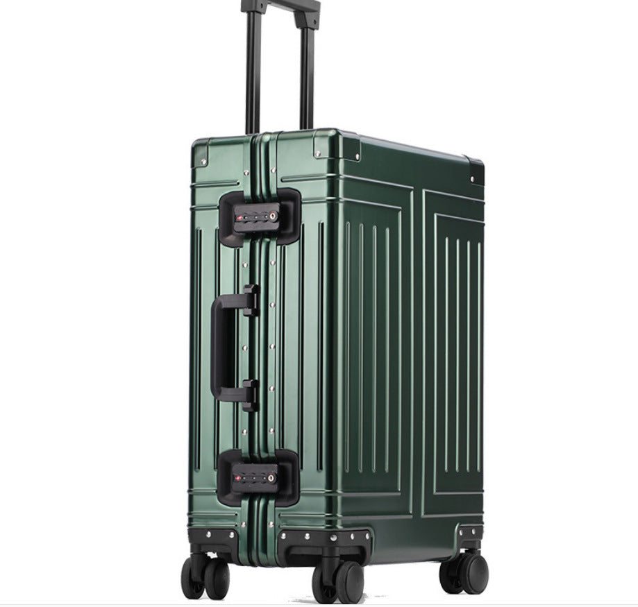 Green suitcase with black handle and wheels on a white background