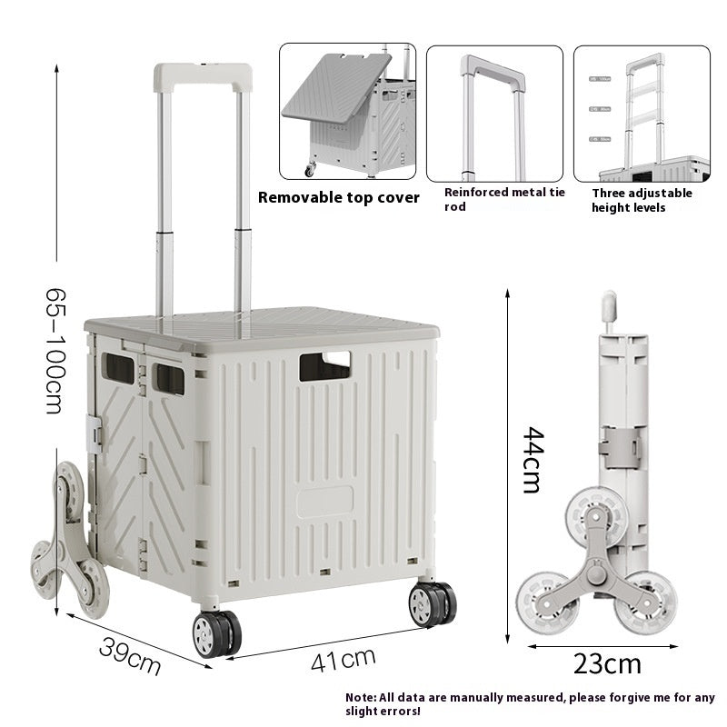 White folding cart with dimensions and features highlighted on a white background