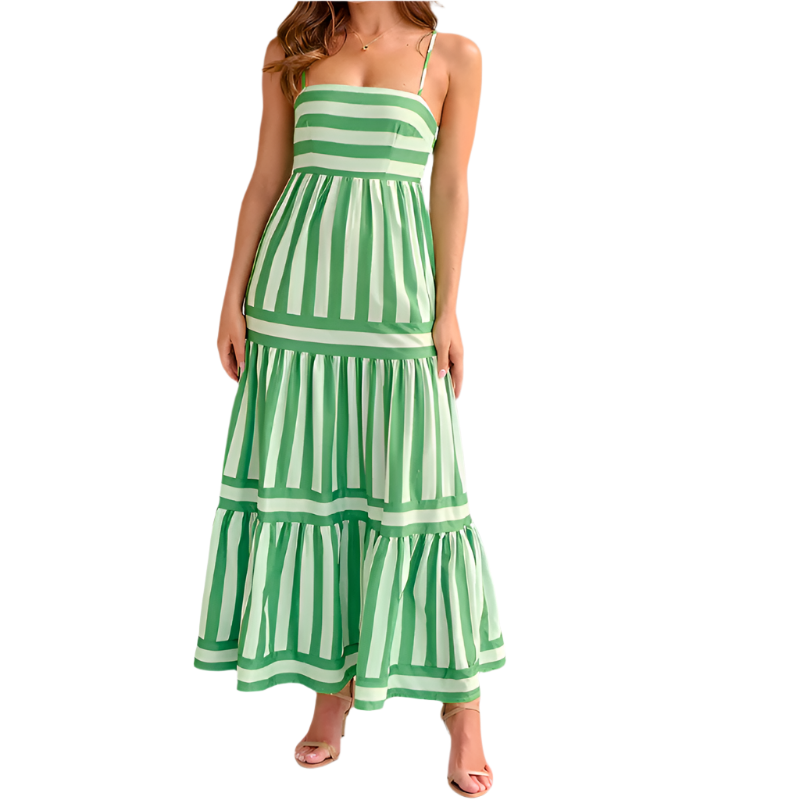 Summer Striped Backless Long Dress: Square Neck & Pockets
