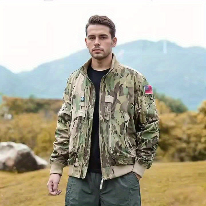 Man wearing a camouflage jacket with an American flag patch in a natural setting