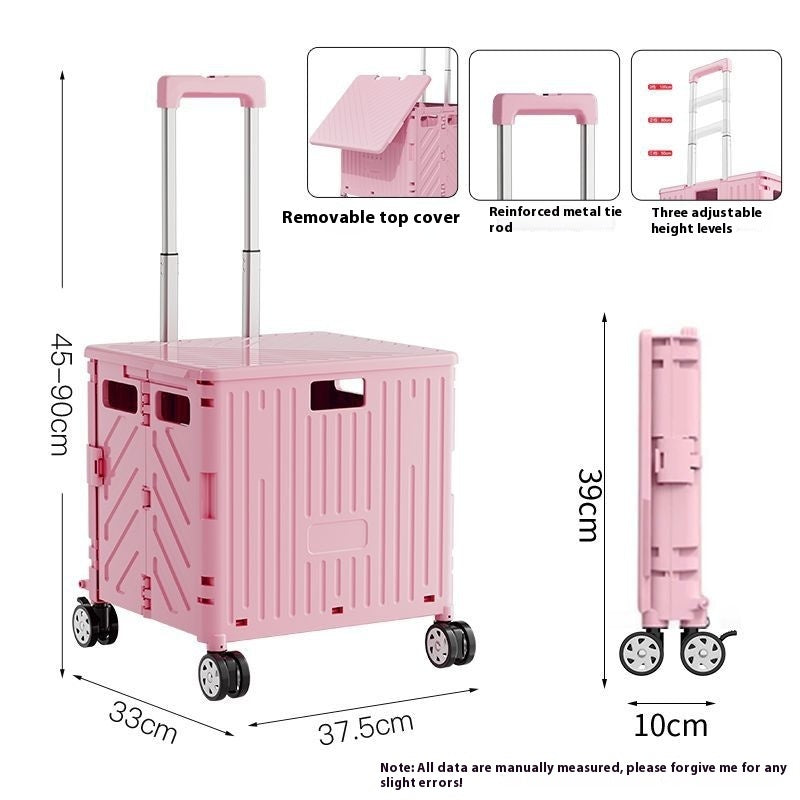 Pink rolling cart with dimensions and features on a white background