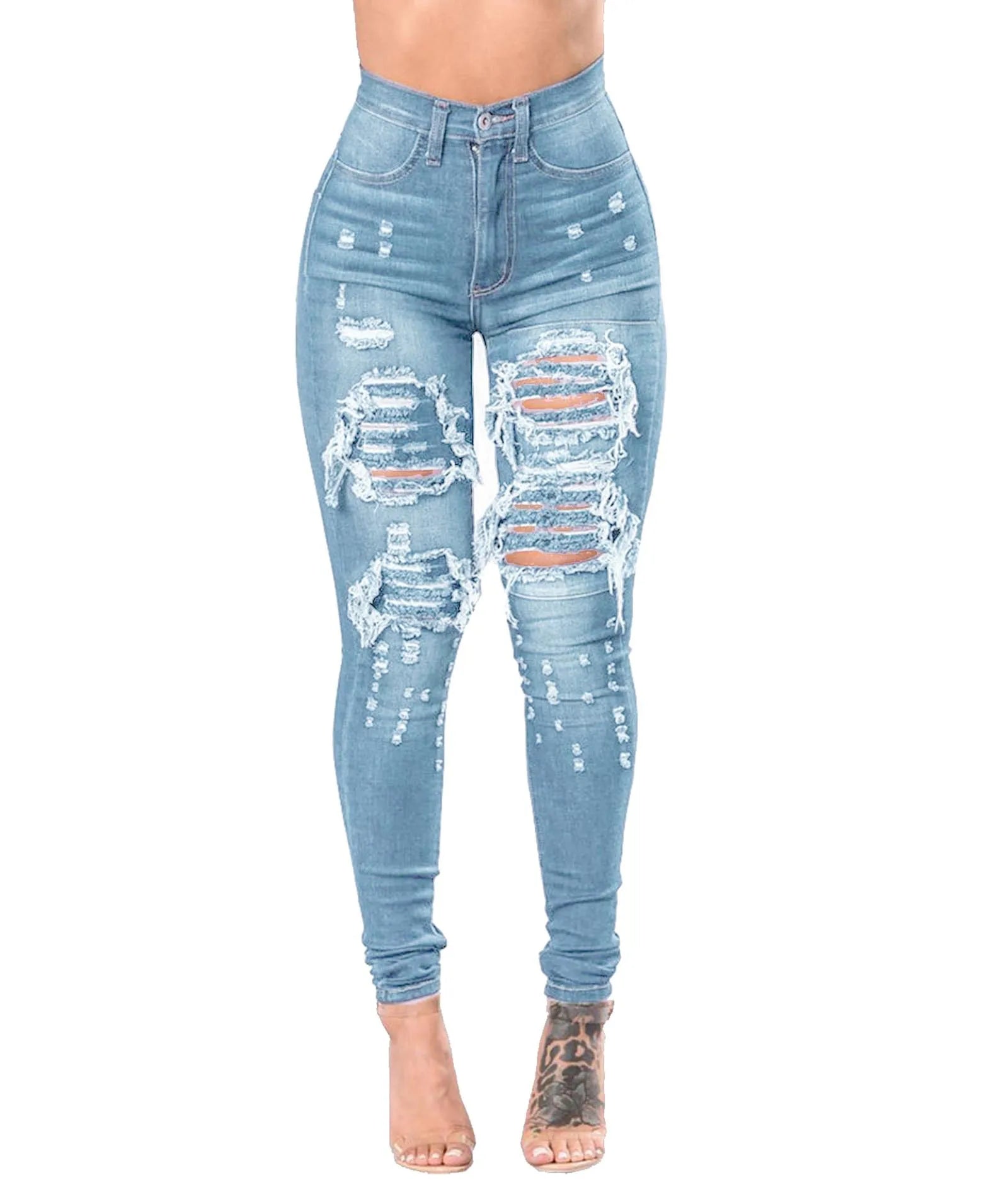 High Waist Ripped Skinny Jeans for Women – S-3XL Casual Denim