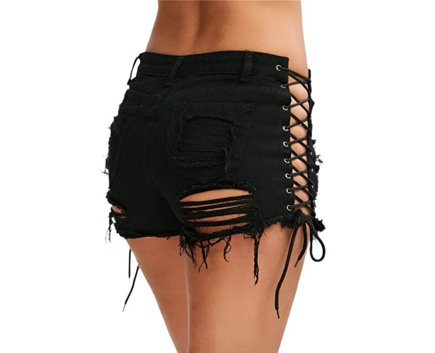 High Waist Ripped Denim Shorts – Lace-Up Tassel Hotpants for Women