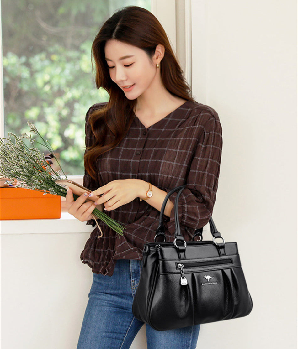 Luxury 3-Layer Ruched Leather Handbag – Large Capacity Crossbody Shoulder Tote