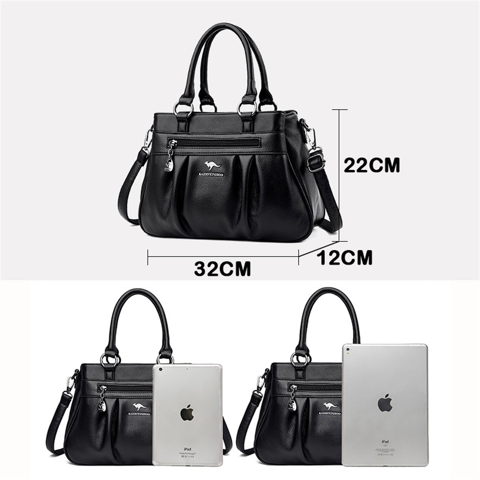 Luxury 3-Layer Ruched Leather Handbag – Large Capacity Crossbody Shoulder Tote