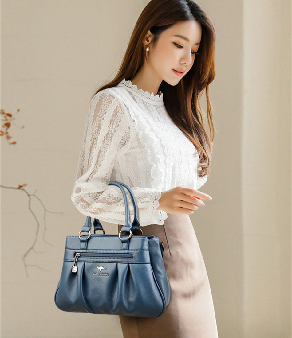 Luxury 3-Layer Ruched Leather Handbag – Large Capacity Crossbody Shoulder Tote