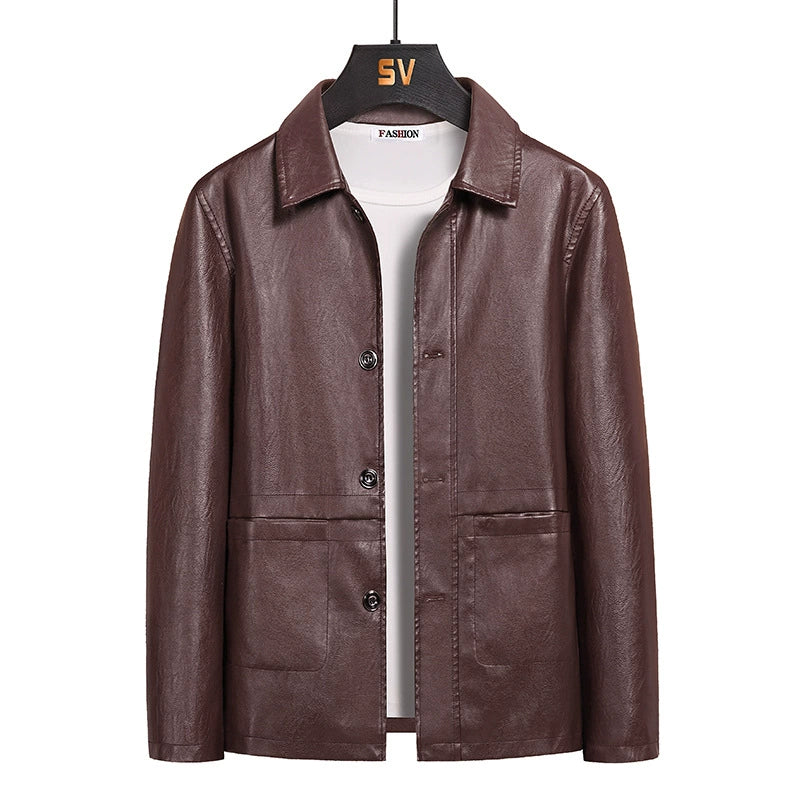 Korean Fashion Men's Warm Lapel Leather Jacket - Solid Color