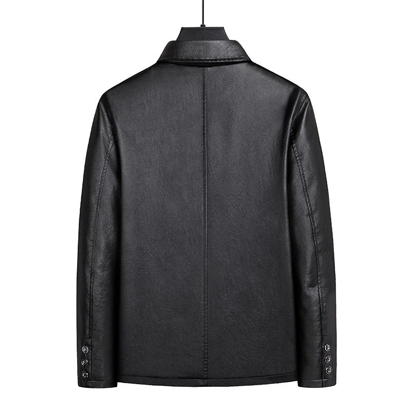 Korean Fashion Men's Warm Lapel Leather Jacket - Solid Color
