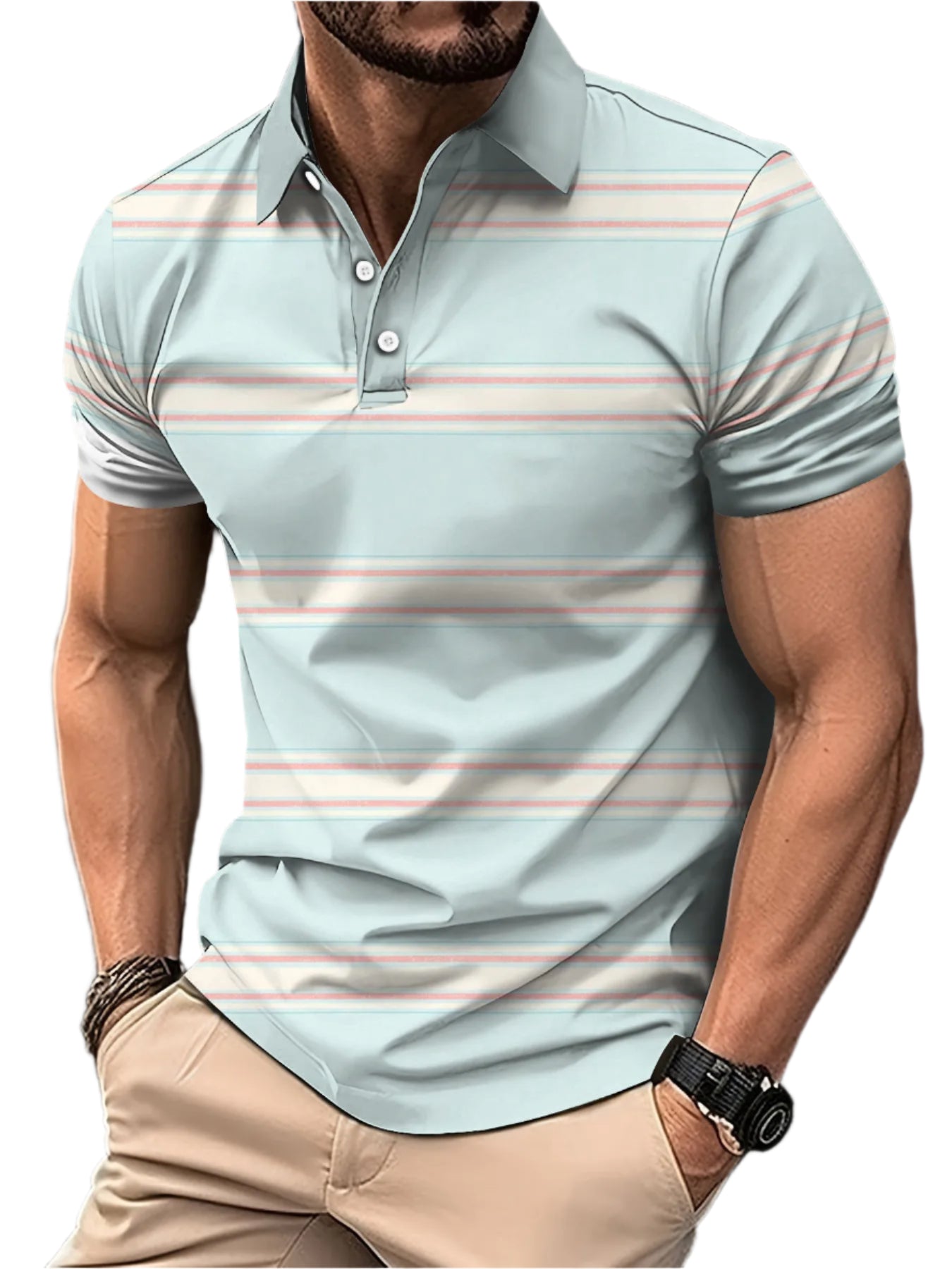 Men’s 3D Digital Print Striped Polo – Casual Oversized Top