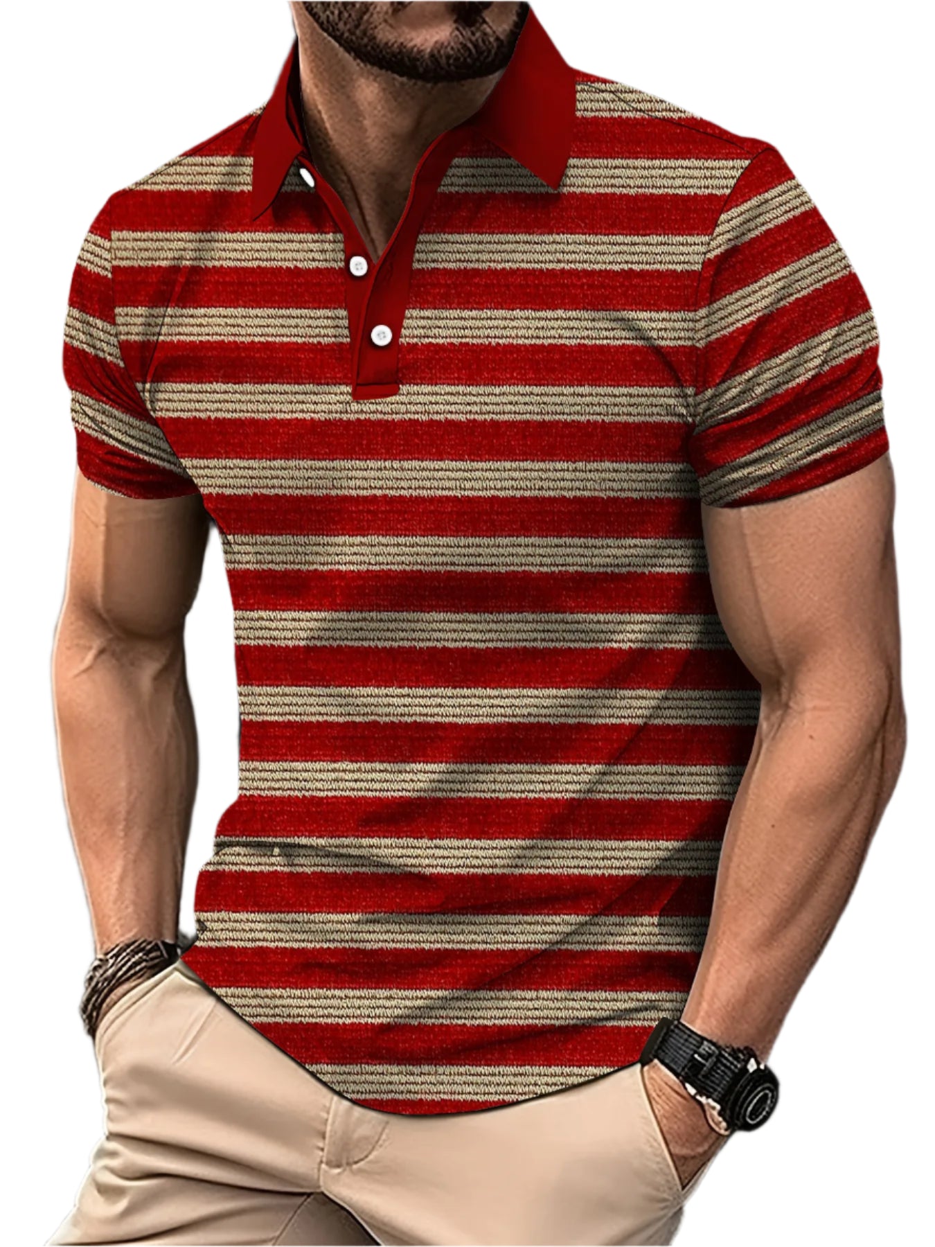 Men’s 3D Digital Print Striped Polo – Casual Oversized Top