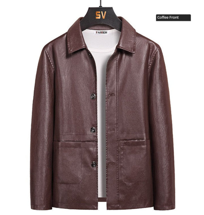 Korean Fashion Men's Warm Lapel Leather Jacket - Solid Color