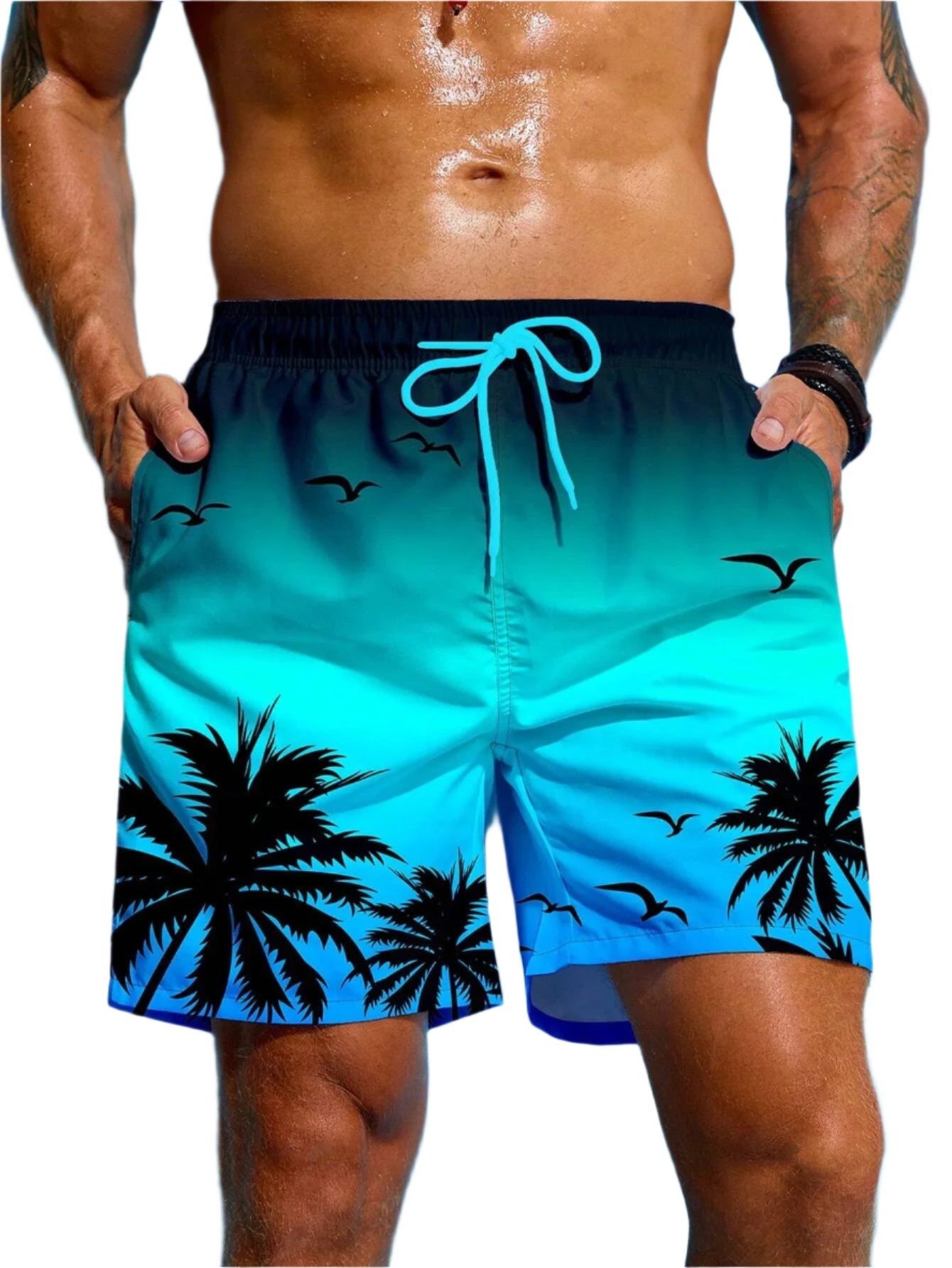 Men’s Palm Tree 3D Board Shorts – Summer Beach Swim Trunks