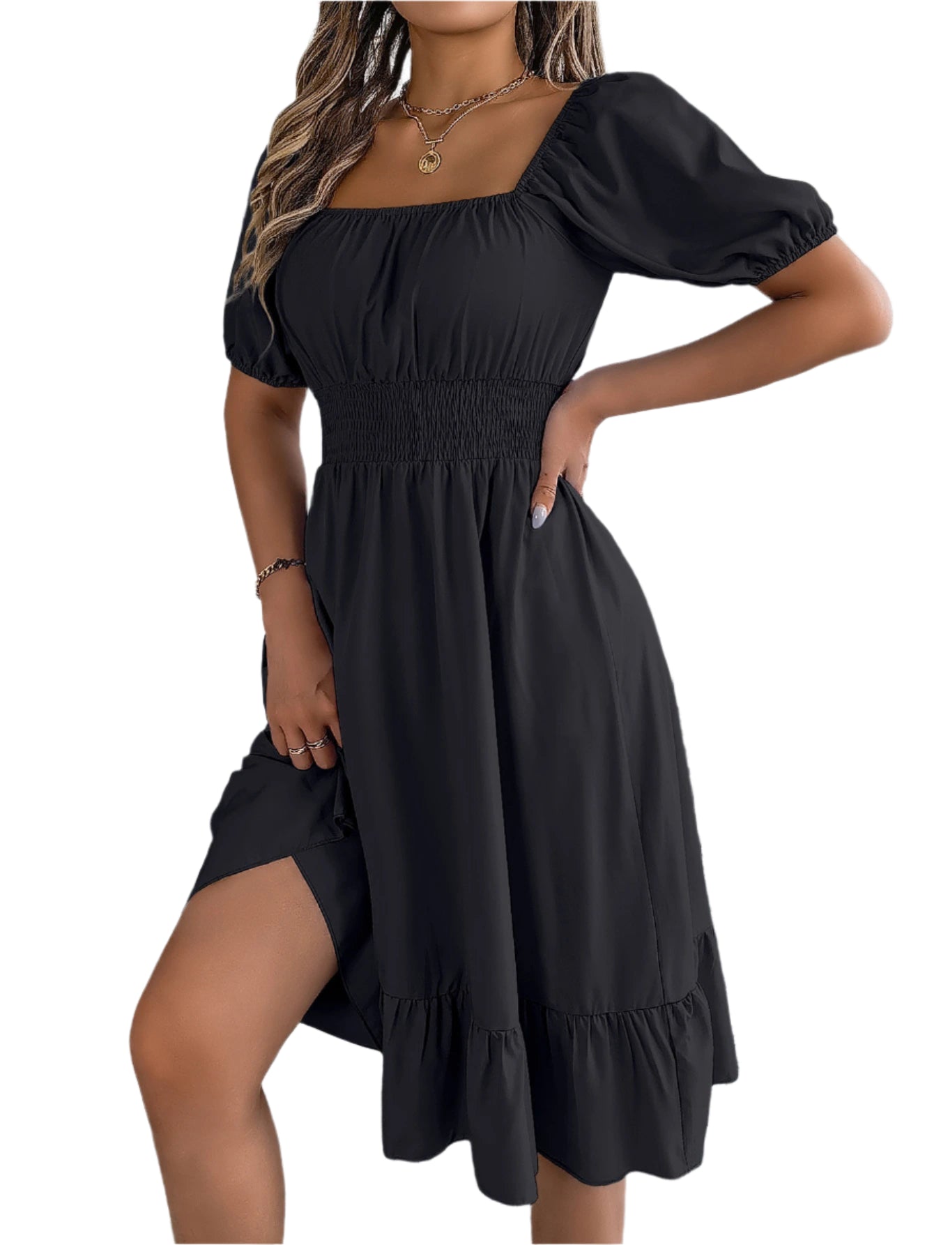 Elegant Square Neck Ruffled Dress – Spring Summer High Waist