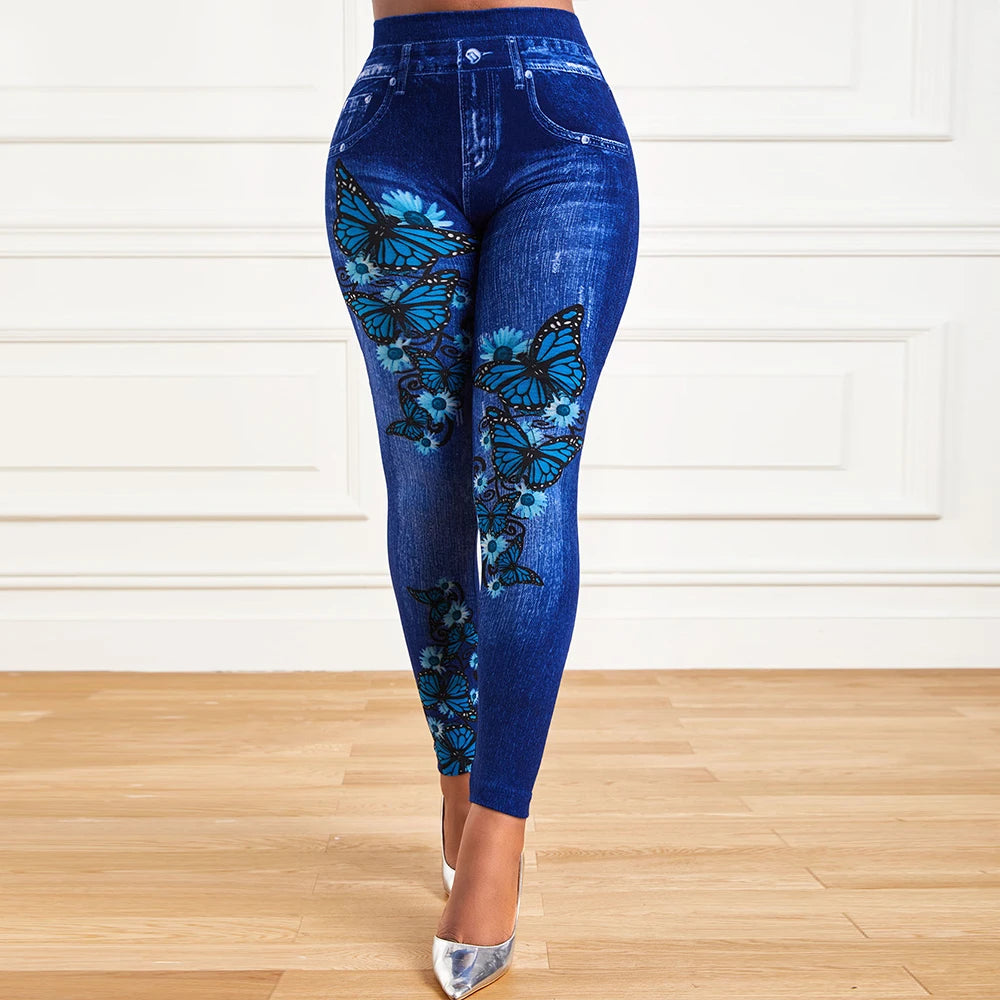 Plus Size High Waist Jeggings – Stretchy Denim-Look Print Leggings