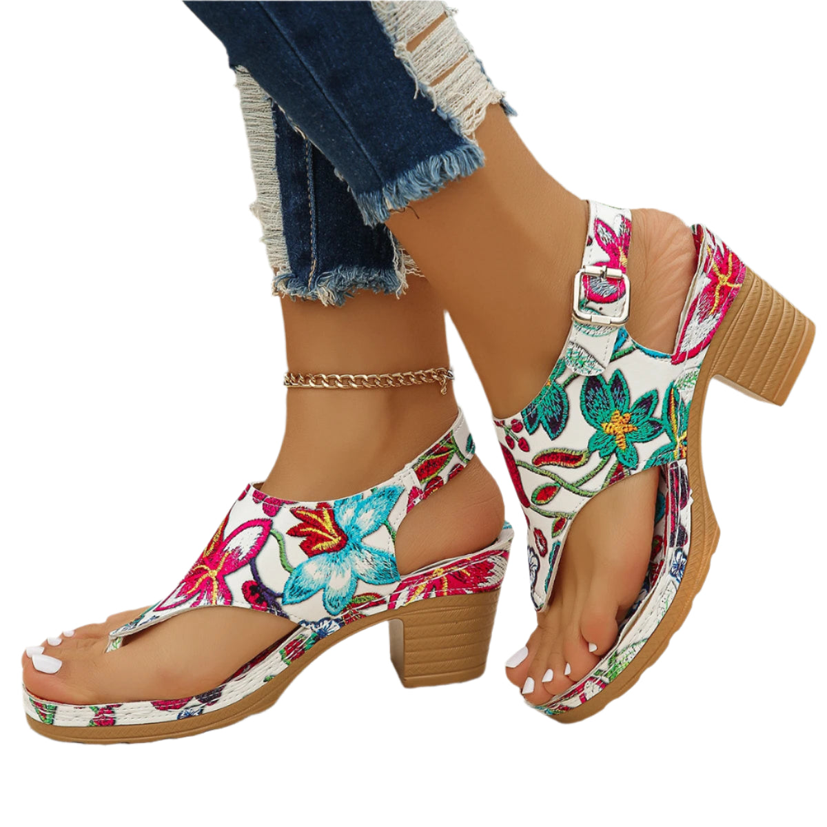 Fashion Chunky Heel Women’s Sandals – Mixed Color Open Toe Summer