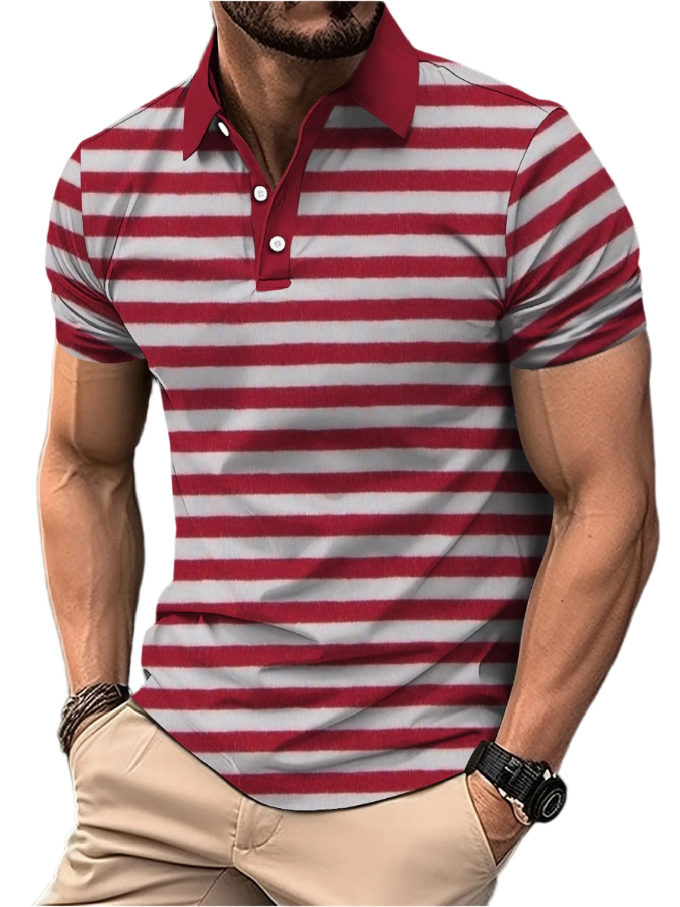 Men’s 3D Digital Print Striped Polo – Casual Oversized Top