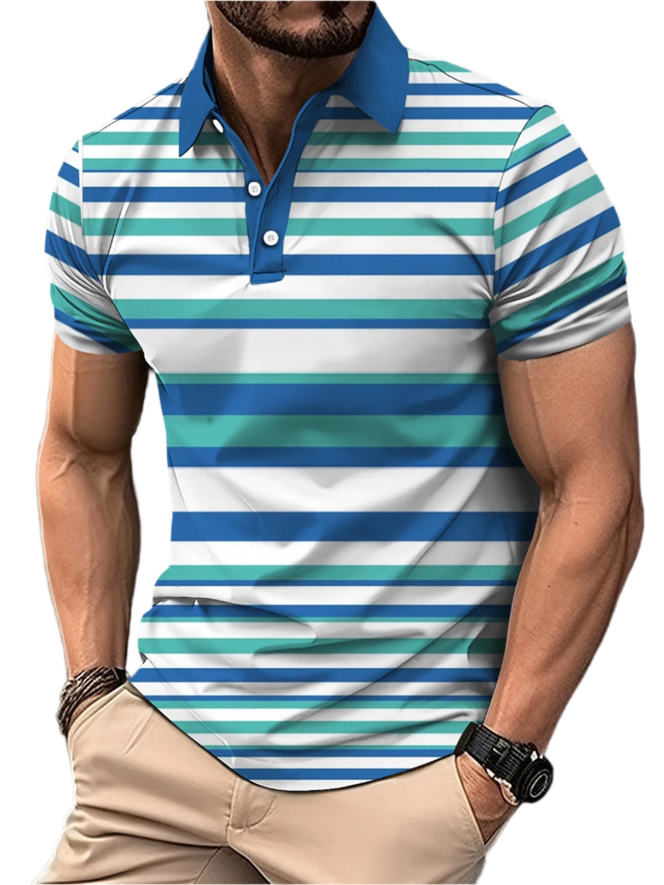Men’s 3D Digital Print Striped Polo – Casual Oversized Top
