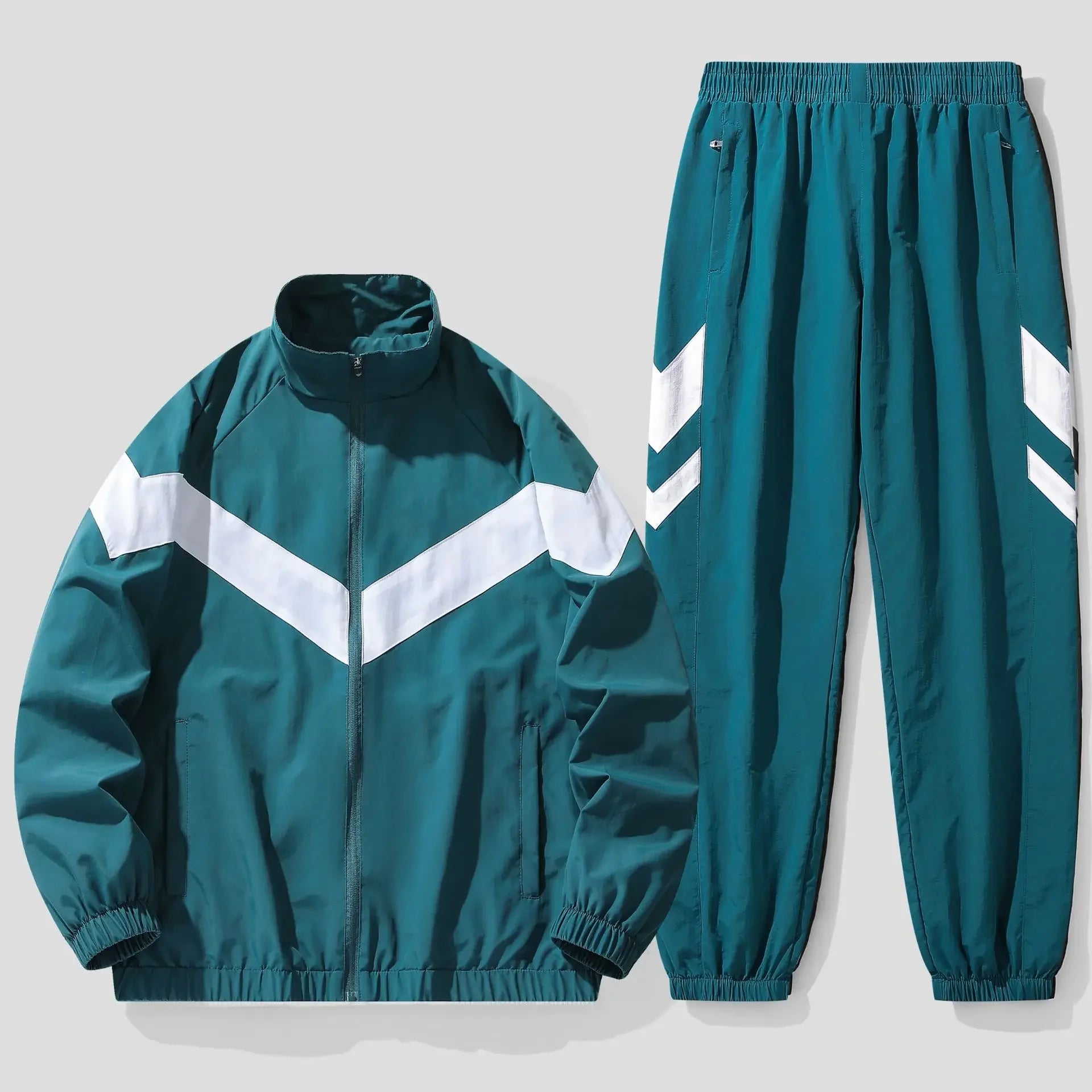 Teal tracksuit with white stripes on a light gray background