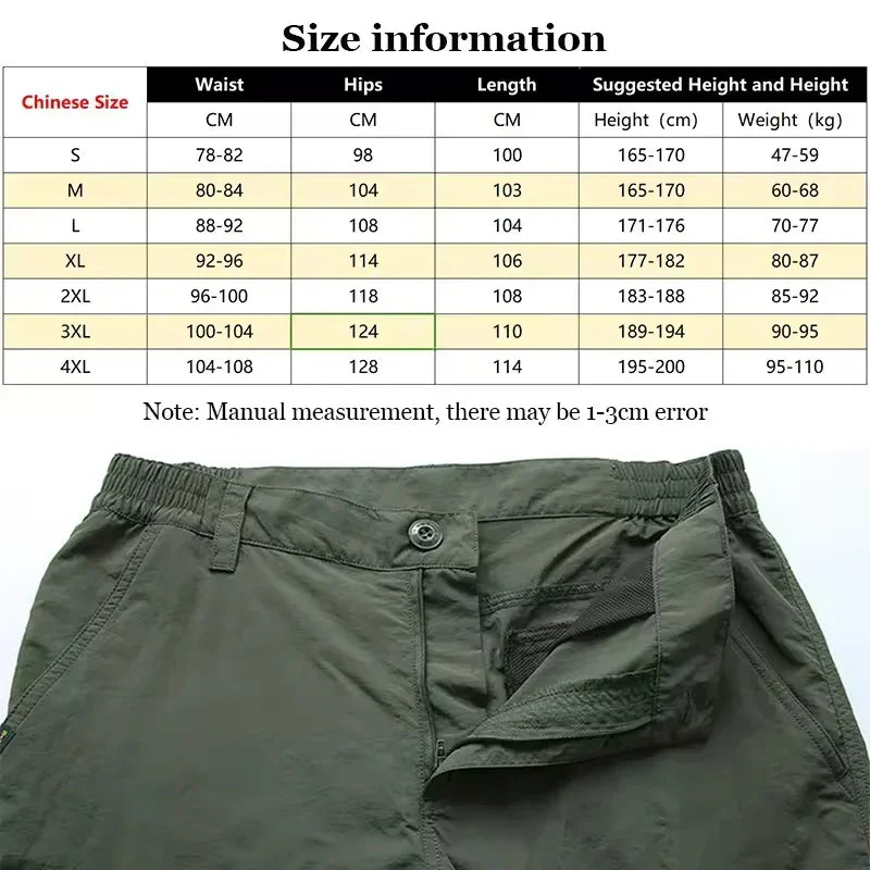 Breathable Waterproof Quick-Dry Men's Lightweight Tactical Cargo Pants Chart