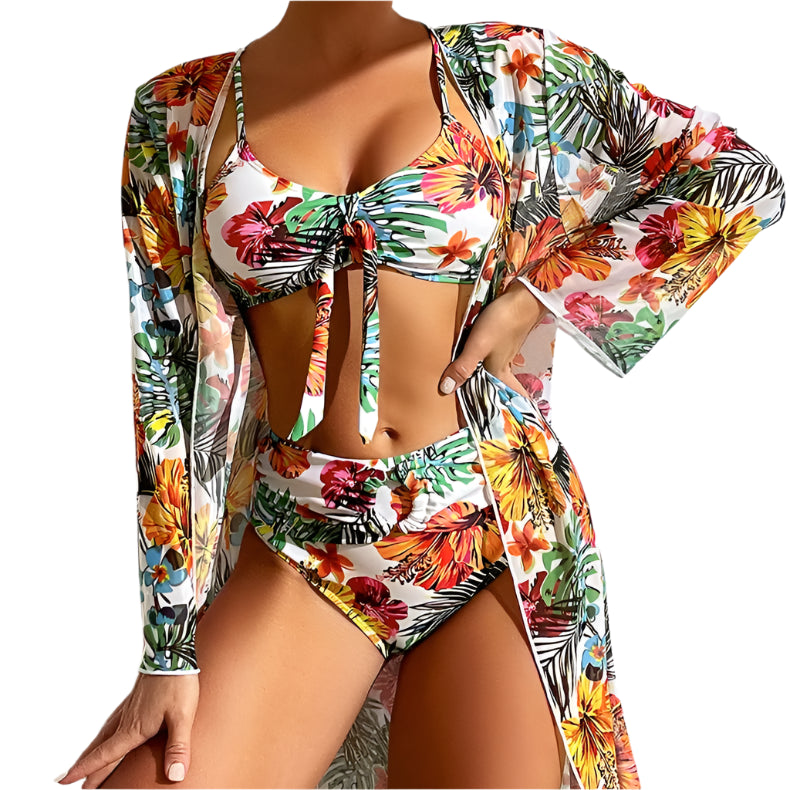 Women's 3PC Floral Swimsuit - LS Blouse, Wireless Bra & High Waist