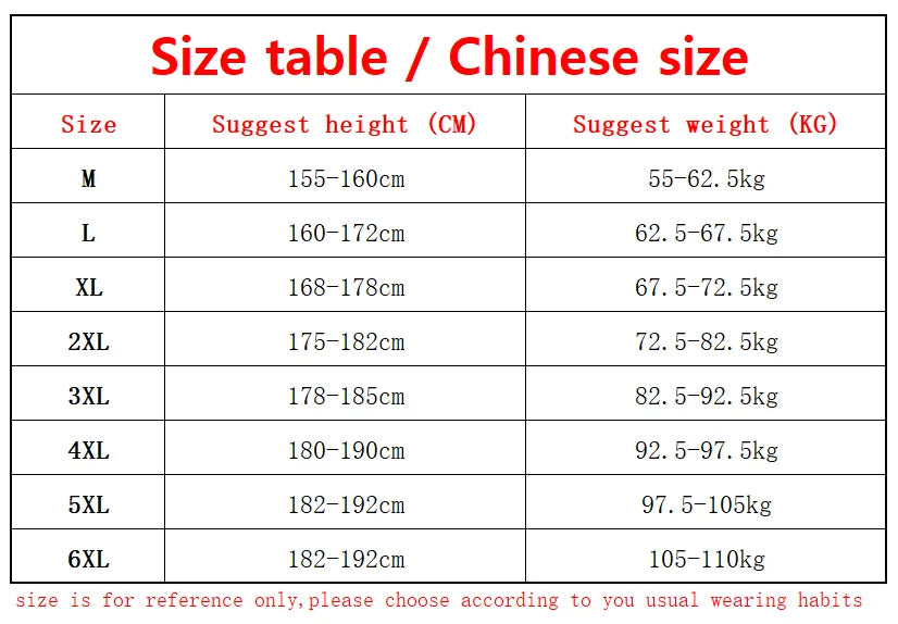 Size chart for clothing with Chinese size reference