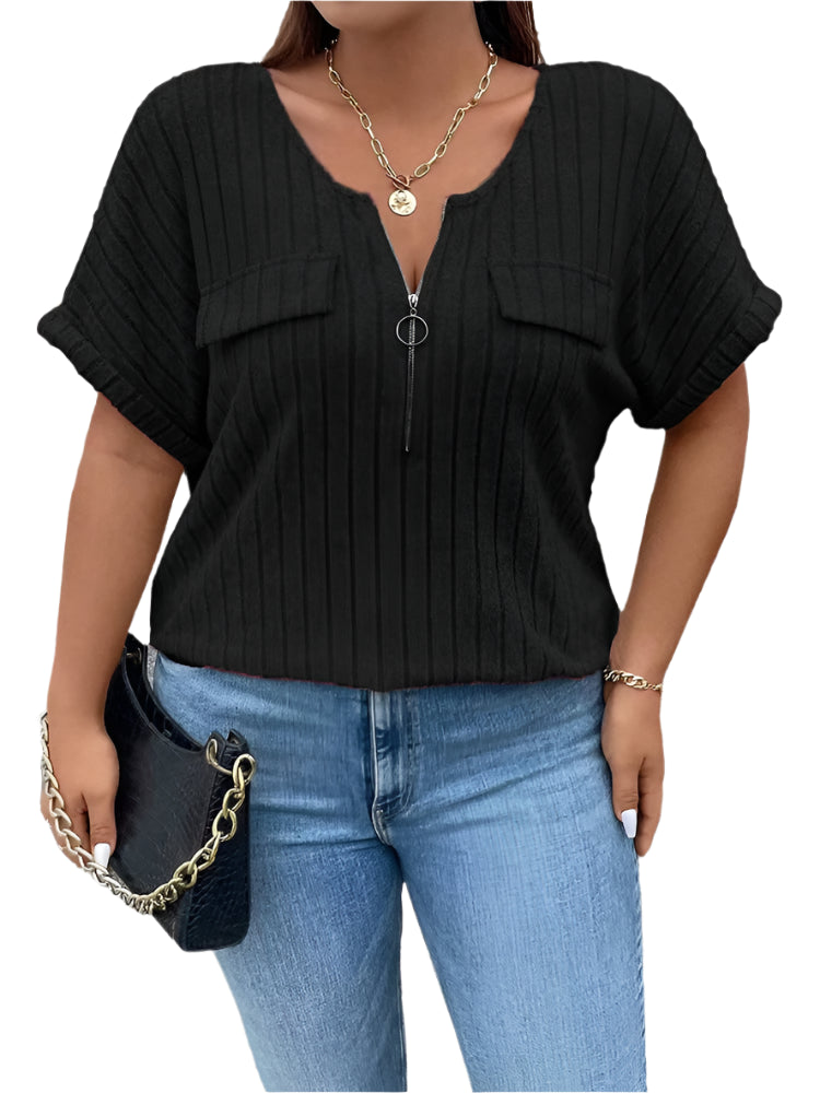 Women's Plus Size O-Ring Zip Front T-Shirt: Summer Rib Knit Top