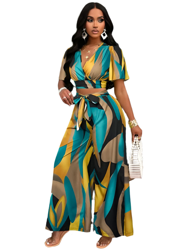 Women’s Elegant Two-Piece Pleated Butterfly Sleeve Top & Wide-Leg Lace-Up Pants