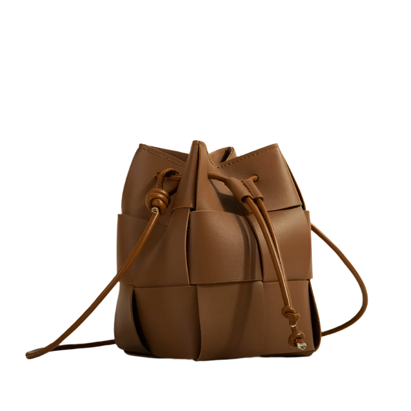 Small Woven Bucket Bag – Drawstring Designer Shoulder Handbag for Women