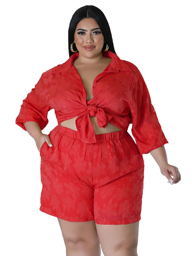 Plus Size Women's 2PC Set - Loose Shirt Top & Shorts Summer Outfits