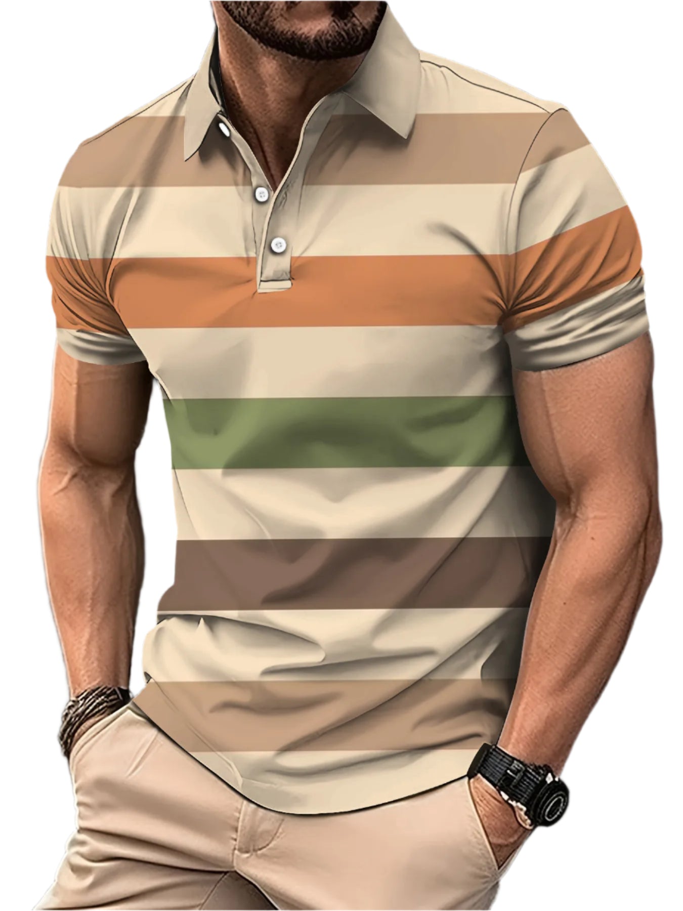 Men’s 3D Digital Print Striped Polo – Casual Oversized Top