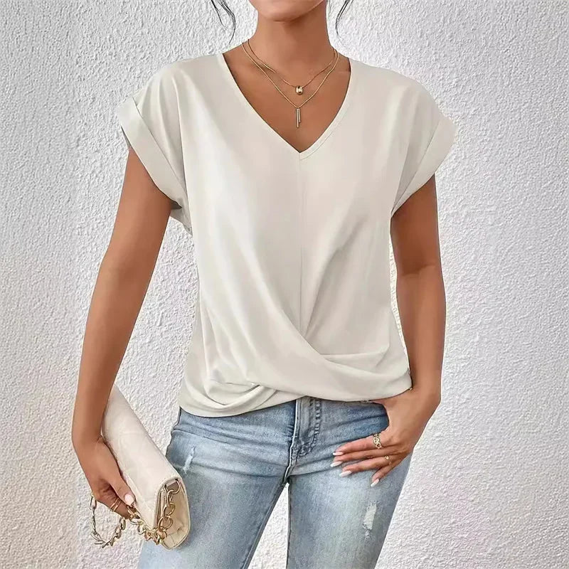Fashion Pleated Hem V-Neck Tee – Women’s Summer Casual Office Top