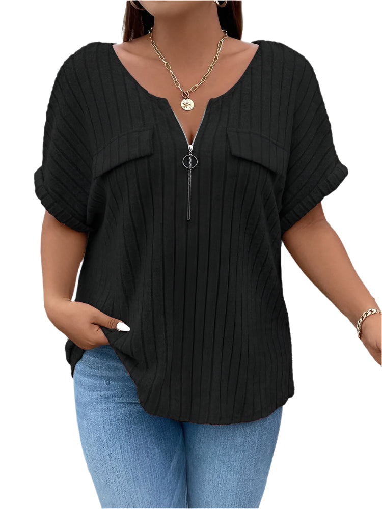 Women's Plus Size O-Ring Zip Front T-Shirt: Summer Rib Knit Top