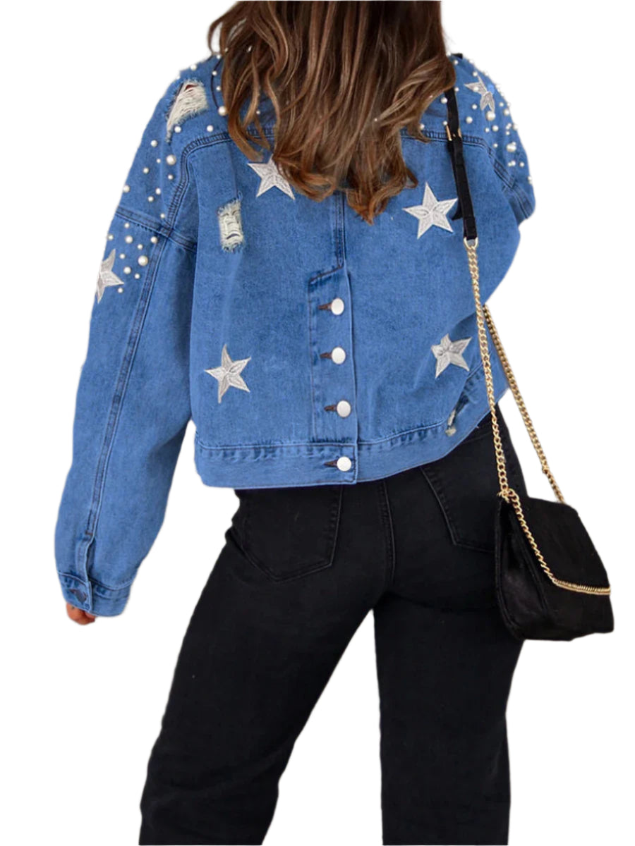 Women's Fall Denim Jacket - Star Print Back Long Sleeve Turn-Down Collar