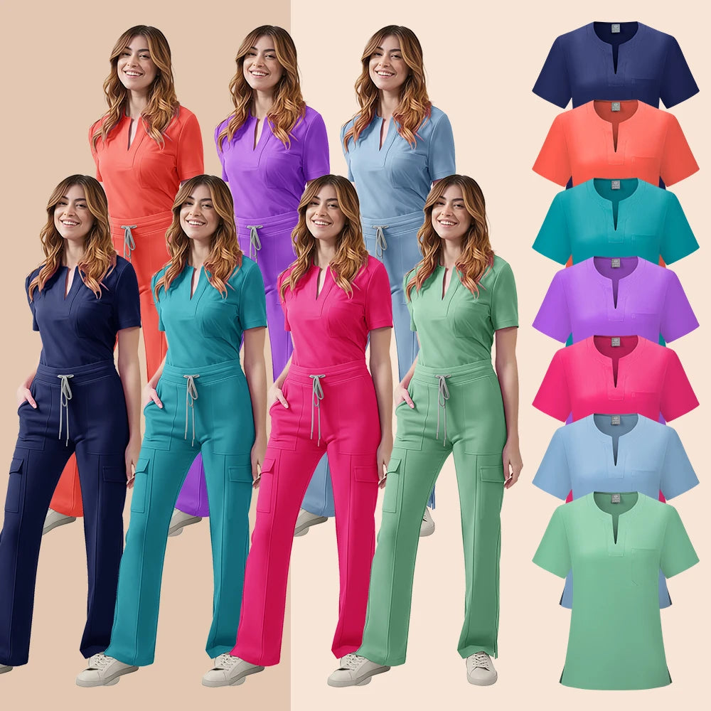 Women's Medical Scrubs Uniform Set - Pocket Top & Pants for Work