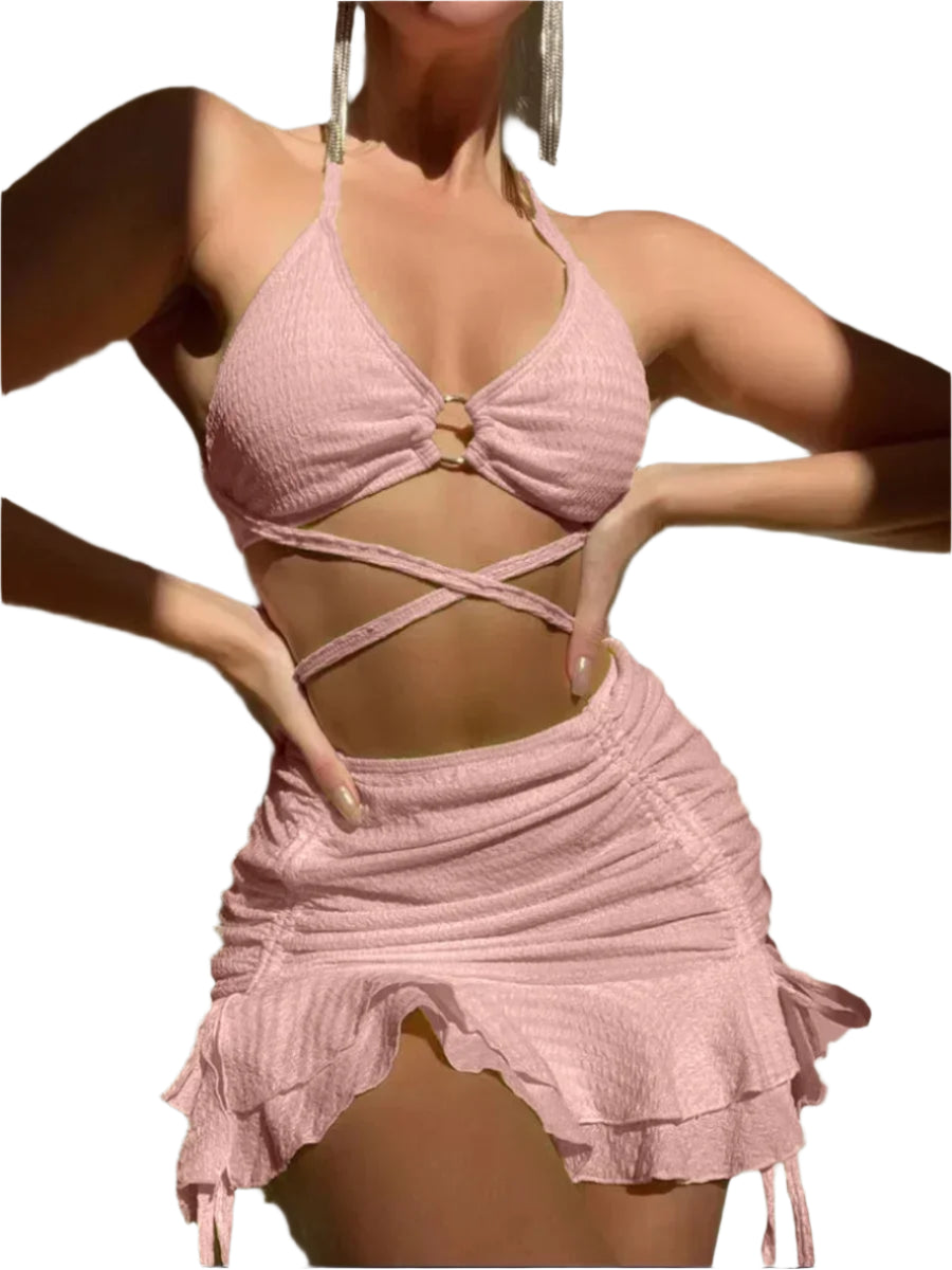 3PC Halter Ring Linked Criss Cross Swimsuit