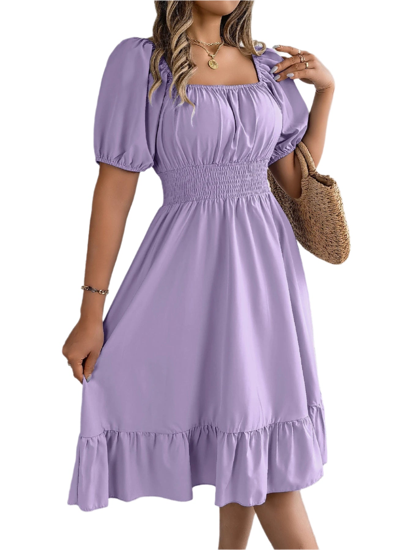 Elegant Square Neck Ruffled Dress – Spring Summer High Waist