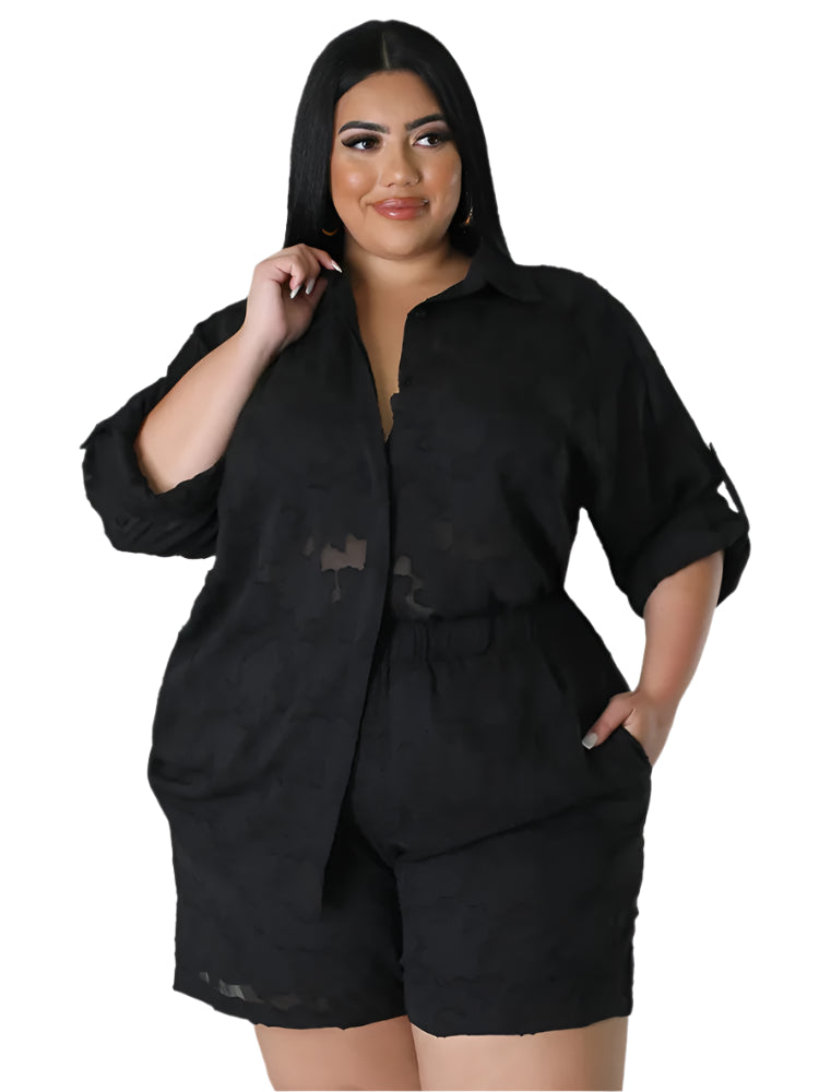Plus Size Women's 2PC Set - Loose Shirt Top & Shorts Summer Outfits