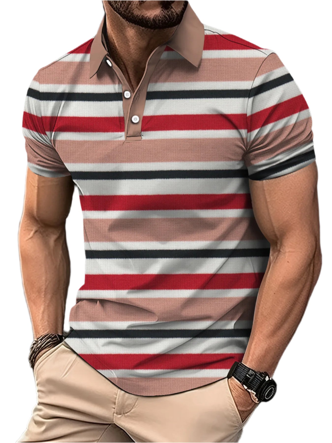 Men’s 3D Digital Print Striped Polo – Casual Oversized Top