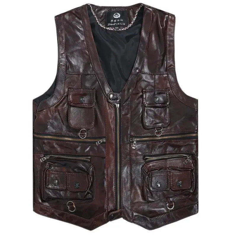 Men's Cowhide Genuine Leather Vest - Thick Motorcycle Biker Waistcoat