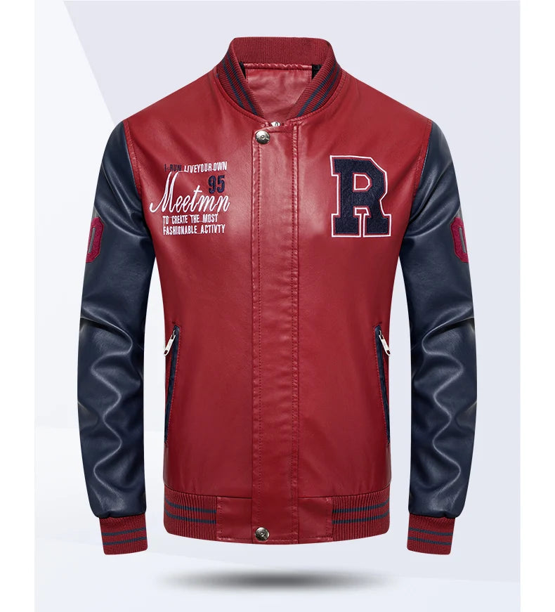 Men's Embroidered PU Leather Jacket: Fleece Lined Winter Coat