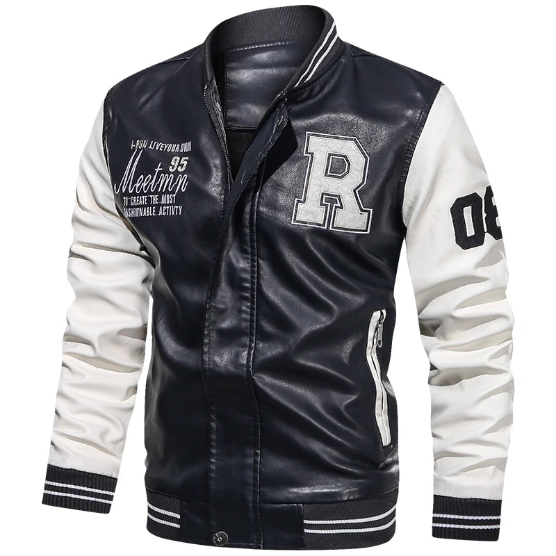 Men's Embroidered PU Leather Jacket: Fleece Lined Winter Coat