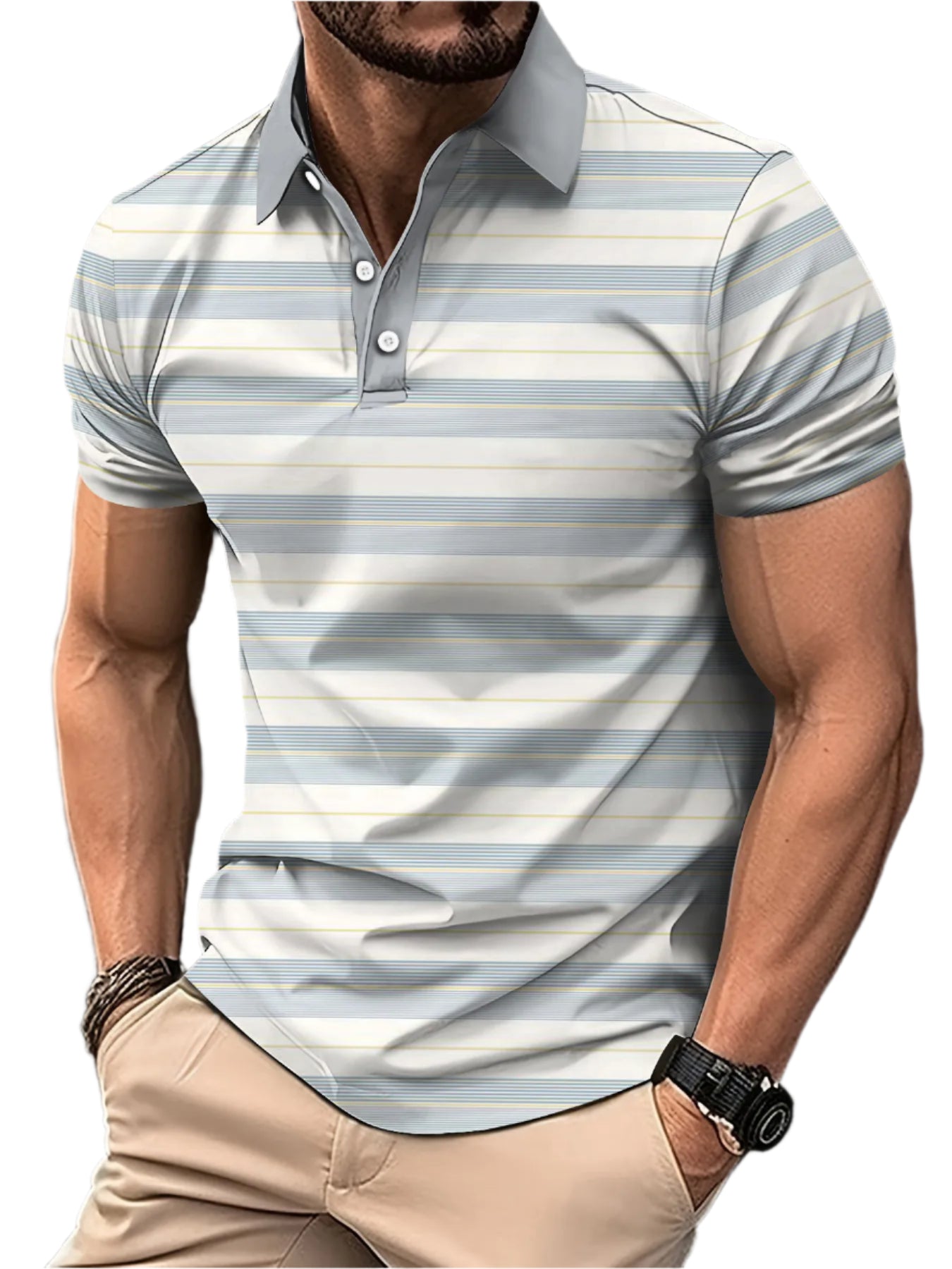 Men’s 3D Digital Print Striped Polo – Casual Oversized Top