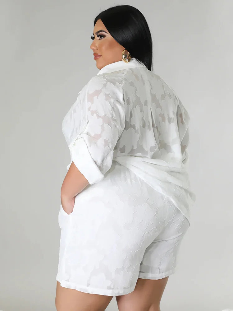 Plus Size Women's 2PC Set - Loose Shirt Top & Shorts Summer Outfits
