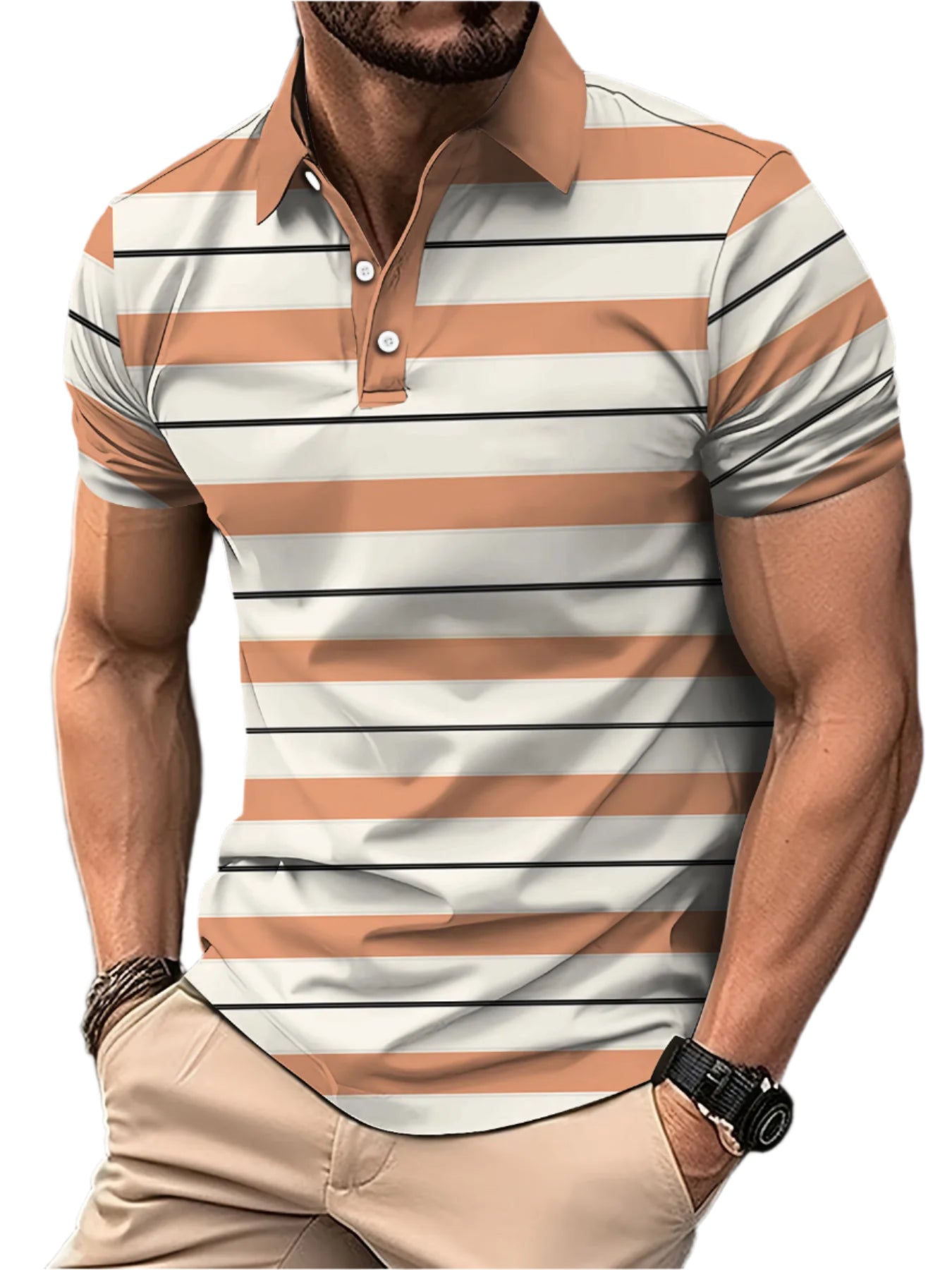 Men’s 3D Digital Print Striped Polo – Casual Oversized Top