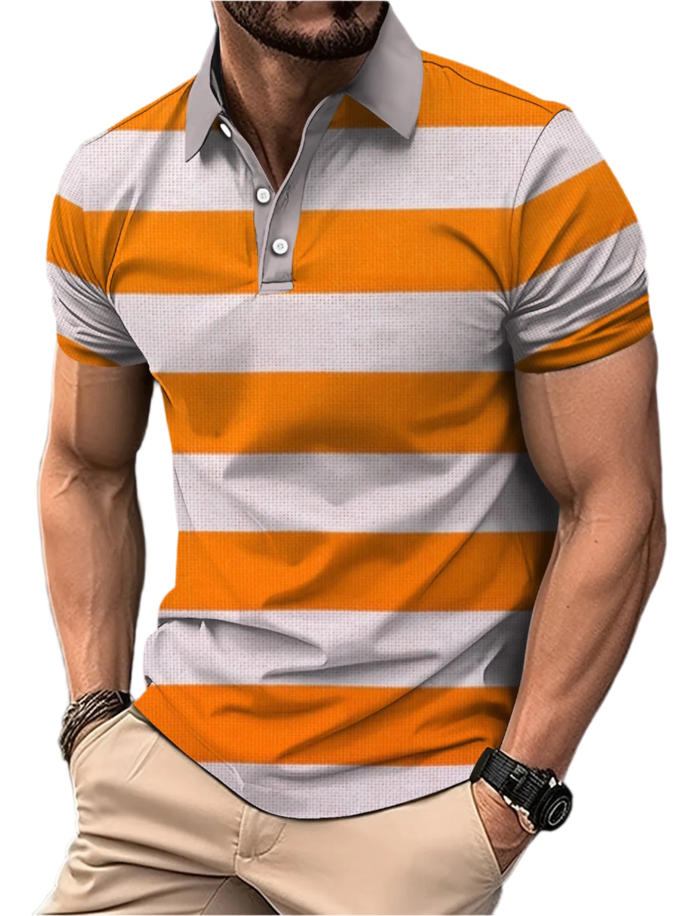 Men’s 3D Digital Print Striped Polo – Casual Oversized Top