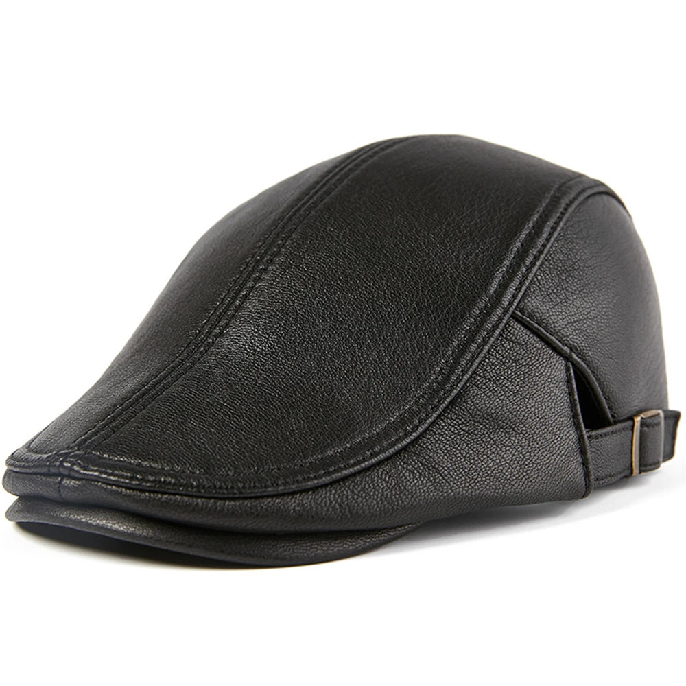 Adjustable-fit Real Leather Beret - Warm Sheepskin Flat Men's Cap
