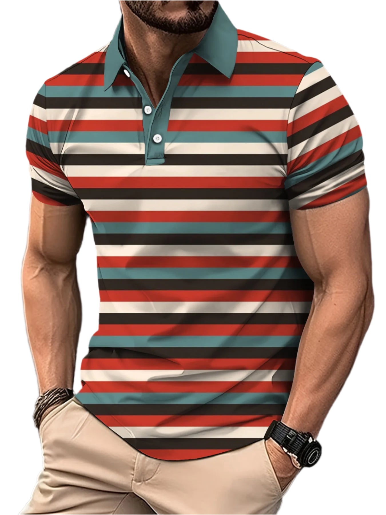 Men’s 3D Digital Print Striped Polo – Casual Oversized Top