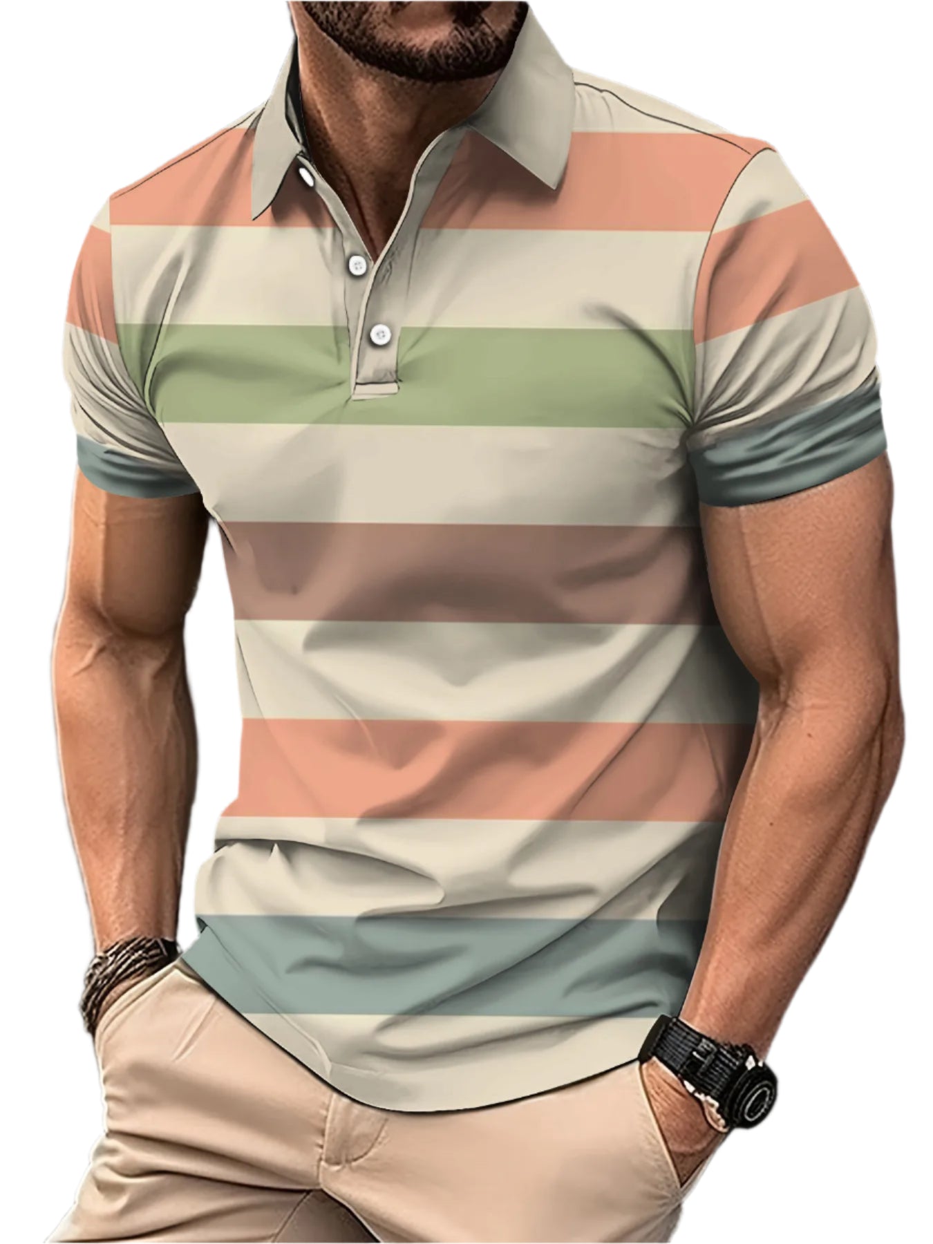 Men’s 3D Digital Print Striped Polo – Casual Oversized Top