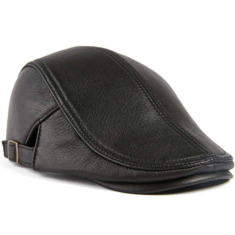 Adjustable-fit Real Leather Beret - Warm Sheepskin Flat Men's Cap