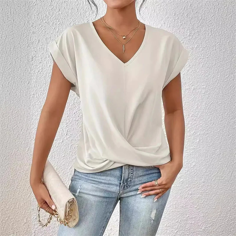 Fashion Pleated Hem V-Neck Tee – Women’s Summer Casual Office Top